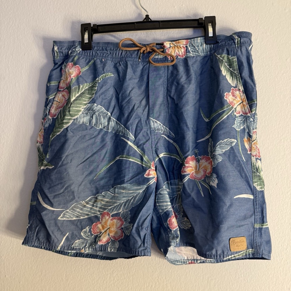 Brixton Shorts Mens Large Navy Blue Floral AOP Swim Trunks Drawstring Mesh Beach